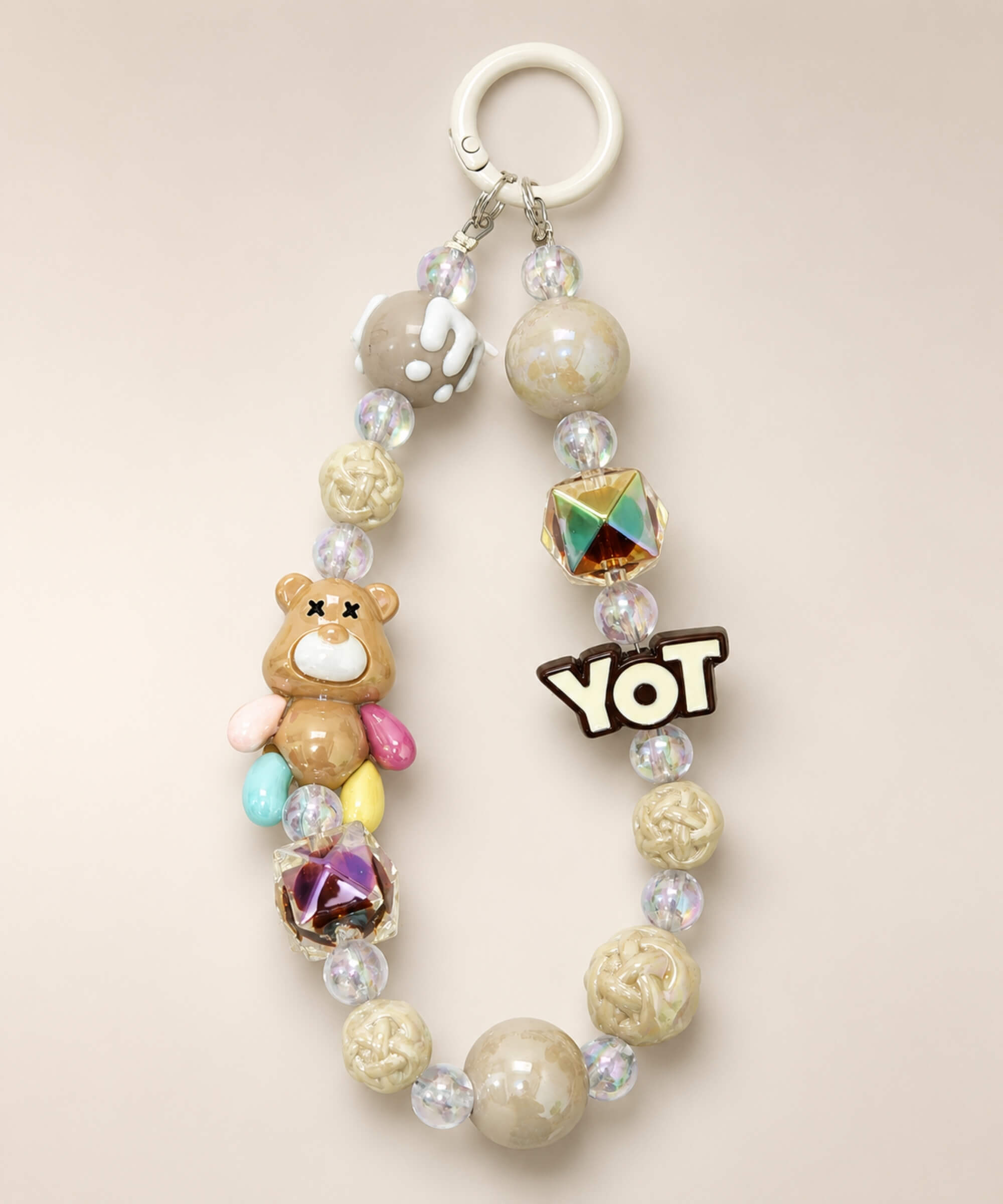 Beige bear beaded keychain with glossy beads, YOT charm and white ring